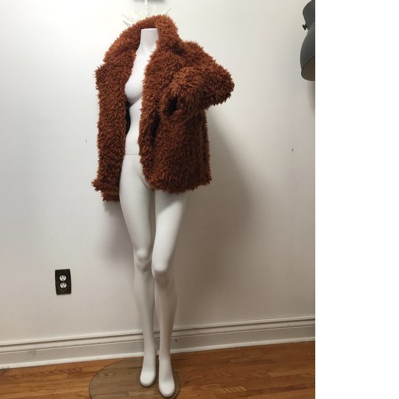 NWT Forever 21 Teddy Plush Fur Jacket Coat Brick Orange Copper Brown Shaggy - Picture 3 of 6